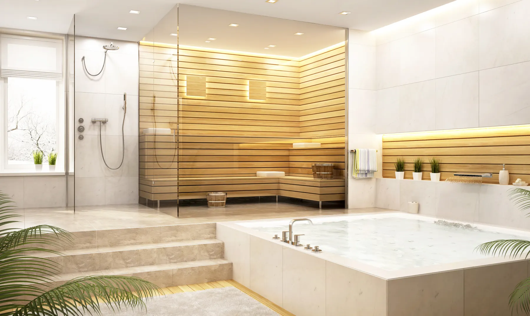 Modern home wellness spa suite with sunken bath and timber sauna