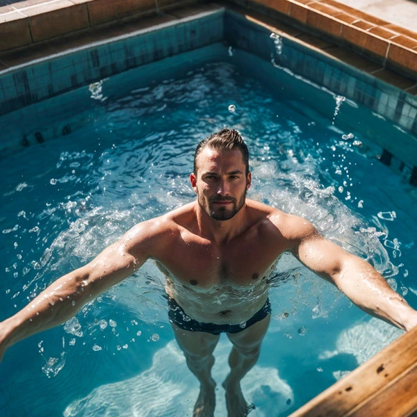 Swimmer in a bubbling athletic recovery plunge pool