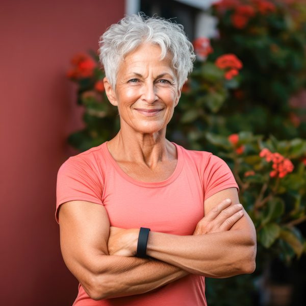 Portrait of a fit senior woman citizen, displaying strength and
