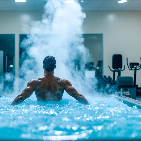 Man relaxes in a cold plunge pool after a workout.
