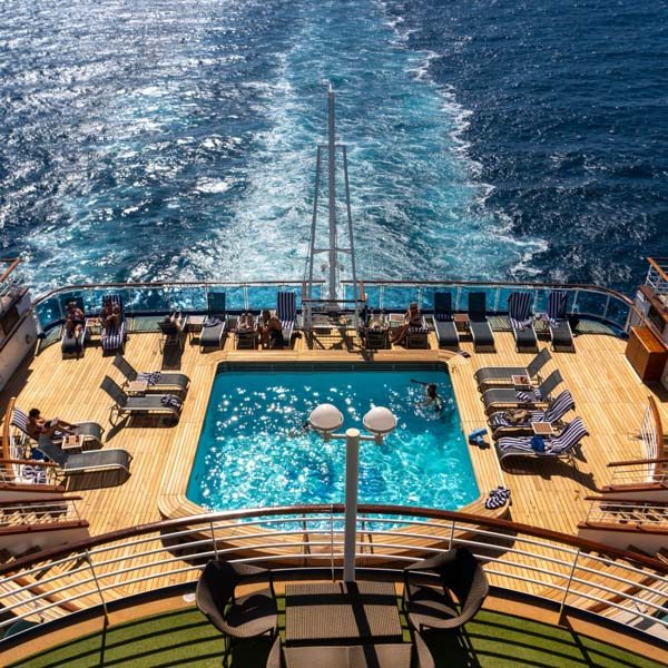 Emerald Princess Cruise ship. Aft (rear) of ship with pools on t